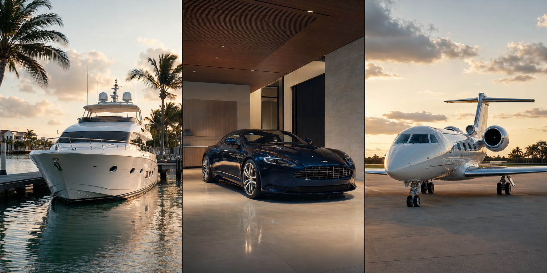 Luxury yacht, grand touring automobile and private jet at sunset